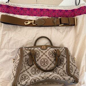 Tory Burch Beige Interior Tote with Gold Tone Logo Plaque